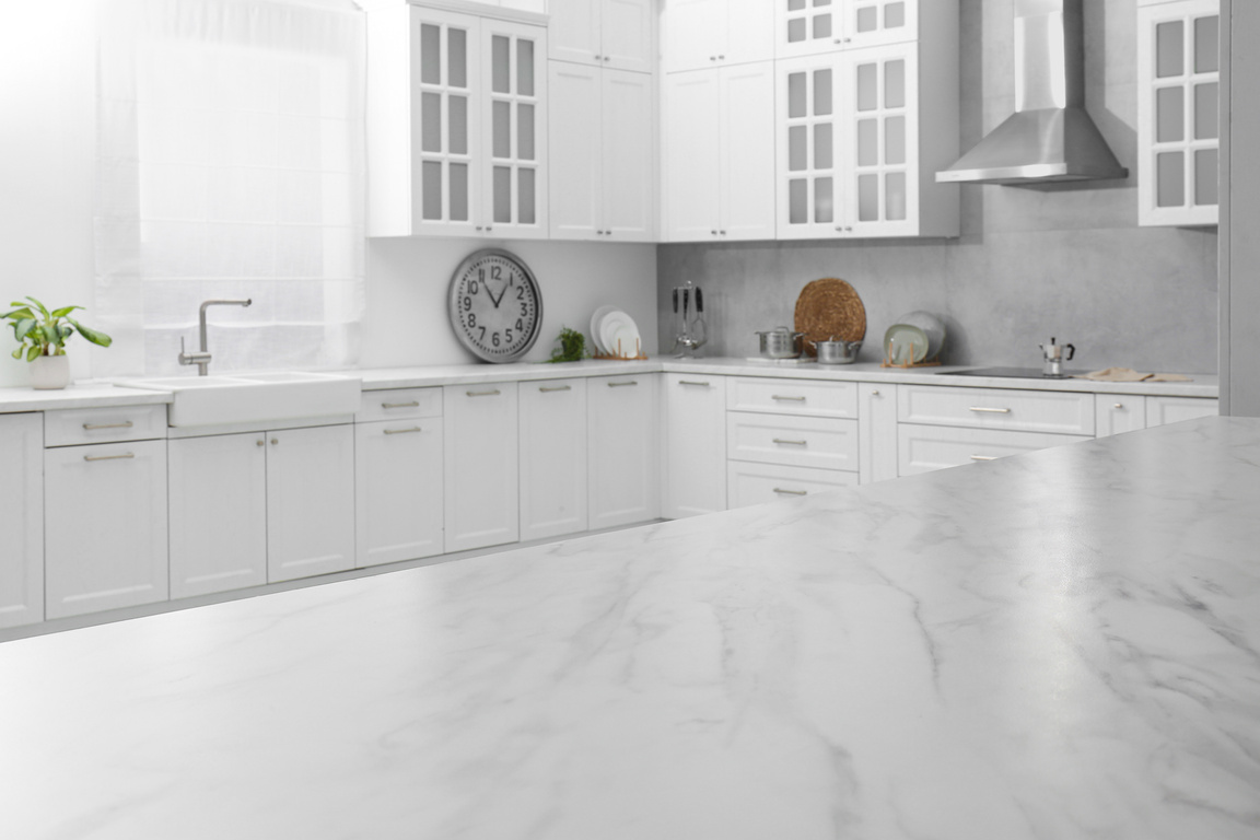 Stylish White Marble Countertop in Kitchen. Interior Design