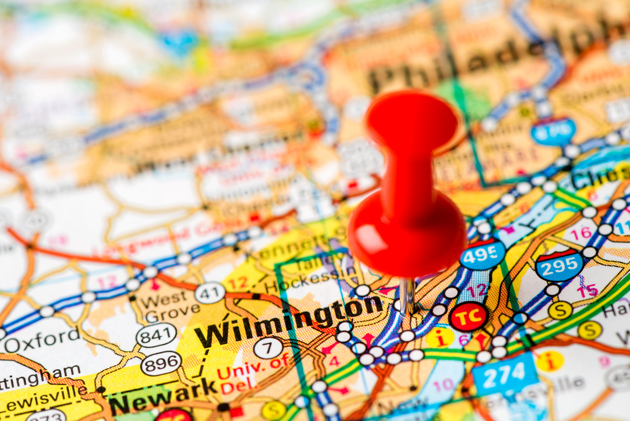 US capital cities on map series: Wilmington, Delaware